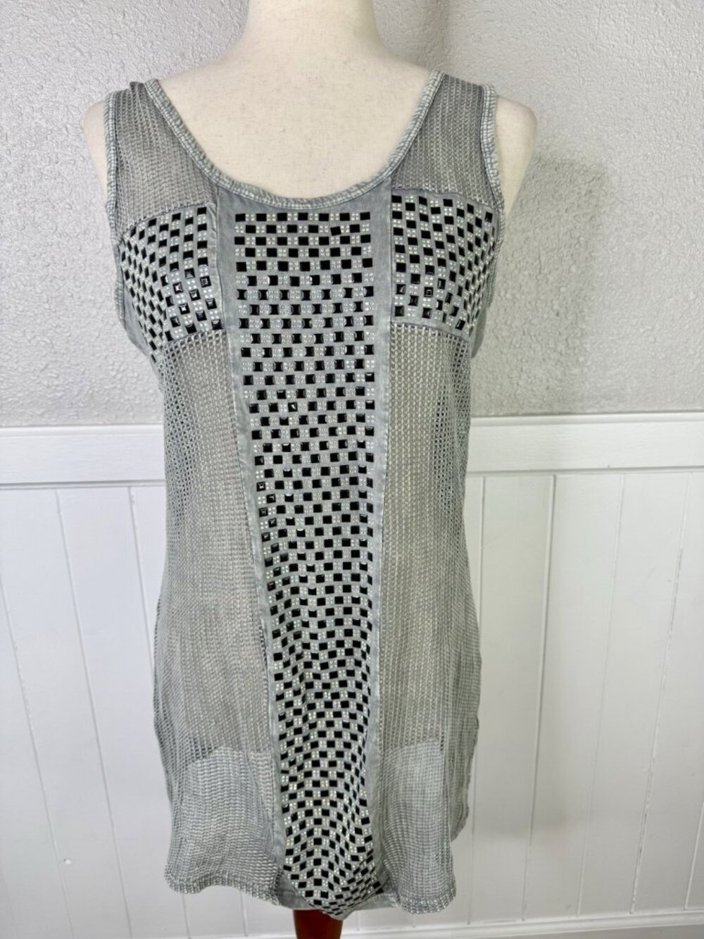 VOCAL Embellished Tank Top Women's Large Rhinestones Moto Mesh Tunic Country